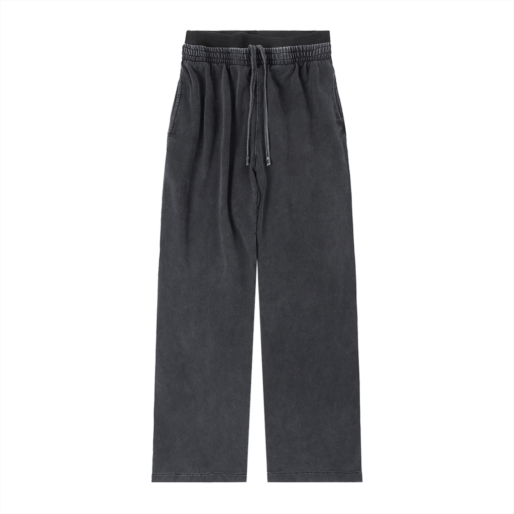 Black wide-leg streetwear pants with elastic waistband and drawstring, modern urban style