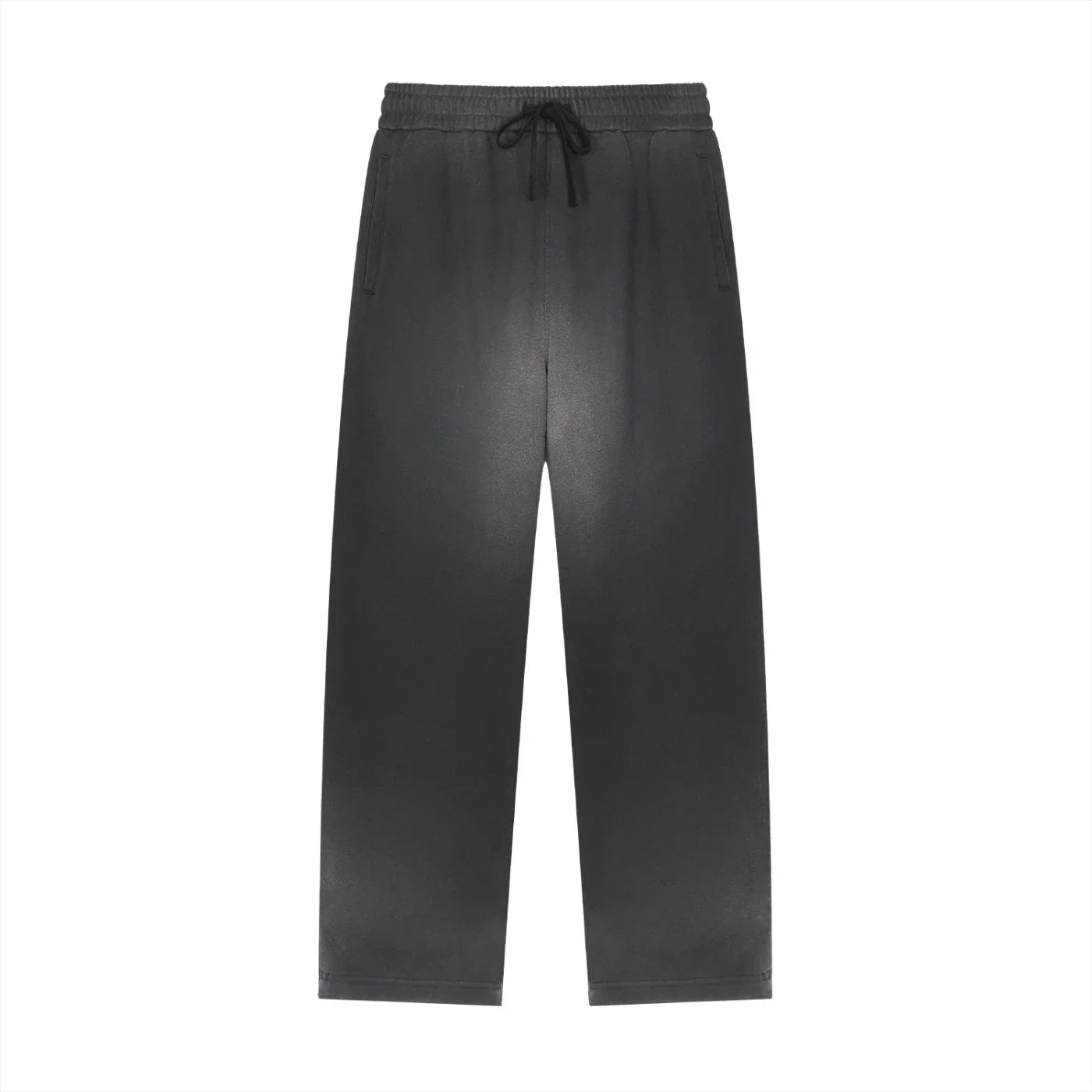 black streetwear sweatpants with elastic waistband and drawstring, front view, on white background