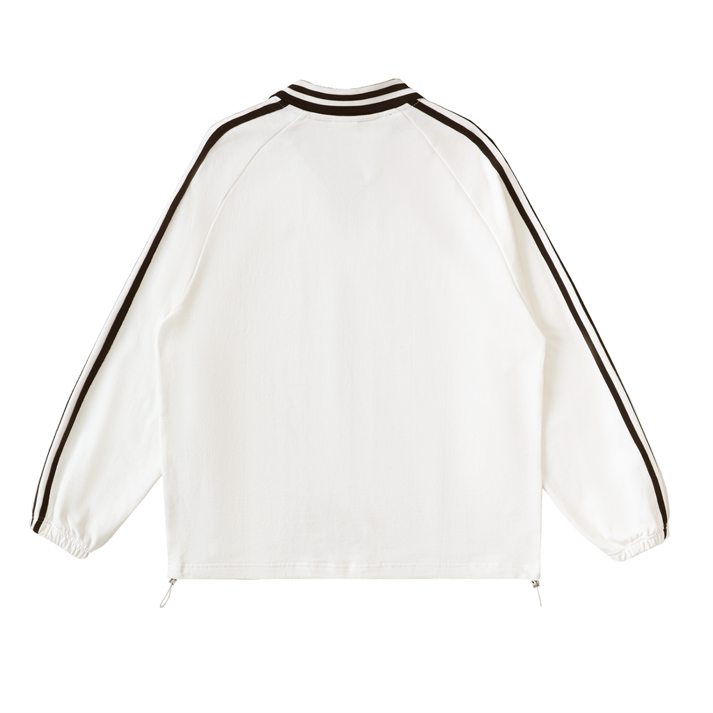 Back view of white oversized jacket with black stripes on sleeves and collar, streetwear style