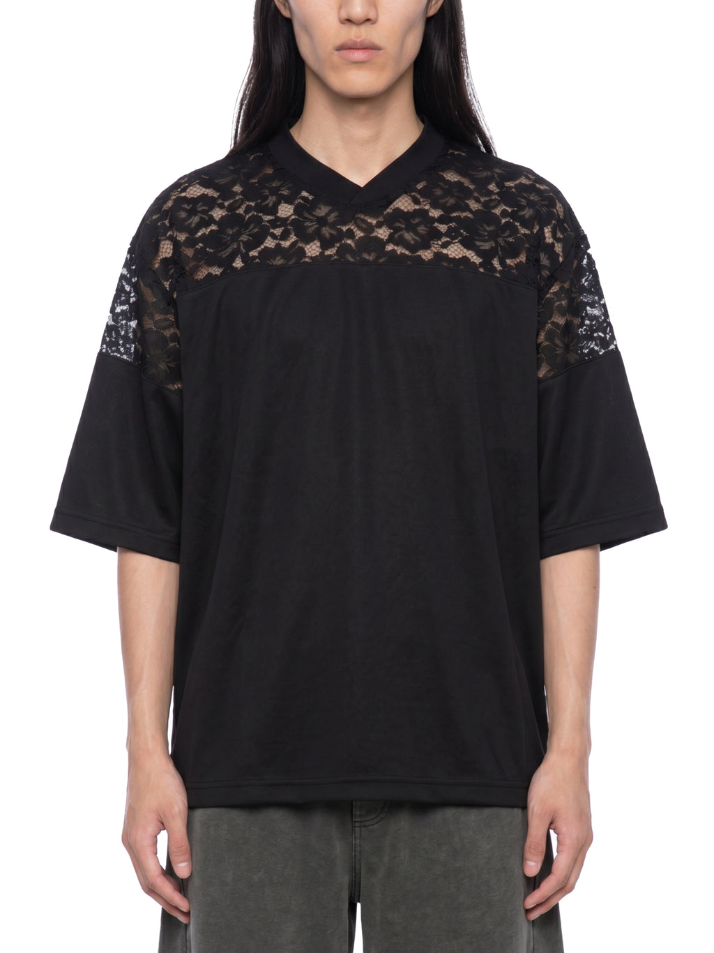DREJ,Studio,Lace,Tshirt,LacePanel,VNeck,Oversized,Streetwear,Minimal,Unisex,Black,Cotton