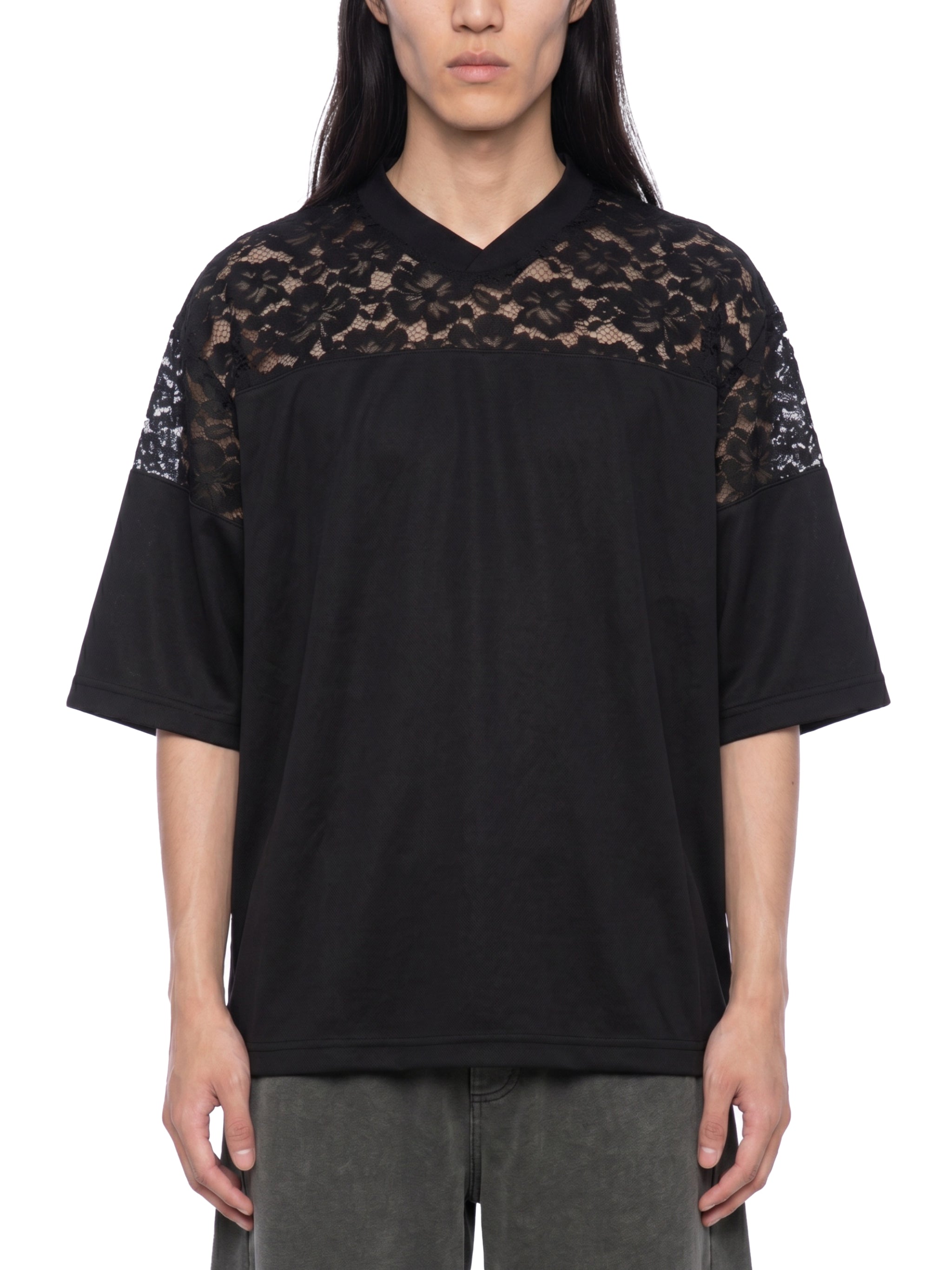 DREJ,Studio,Lace,Tshirt,LacePanel,VNeck,Oversized,Streetwear,Minimal,Unisex,Black,Cotton