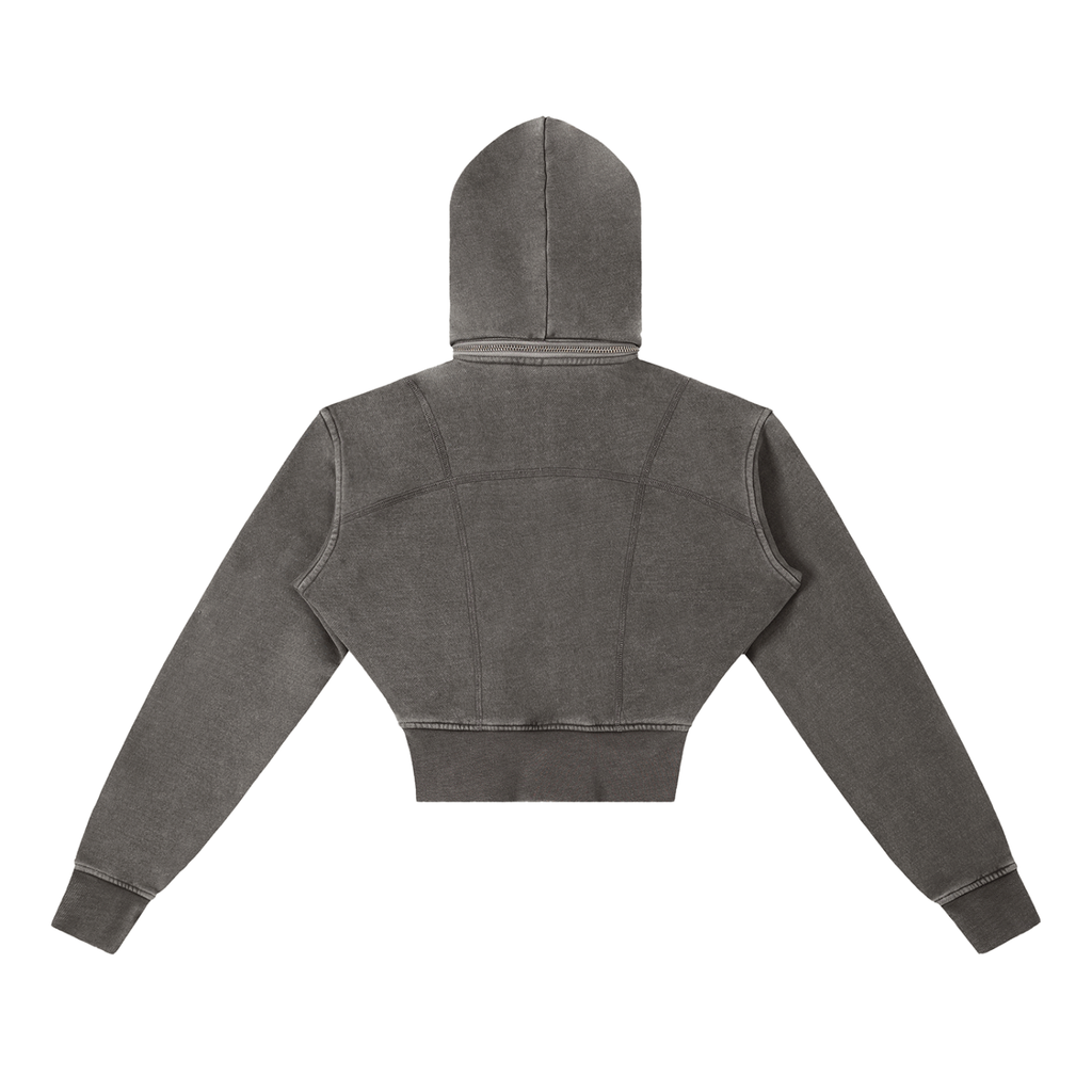 Back view of a cropped charcoal gray hooded streetwear zip hoodie with modern seam design