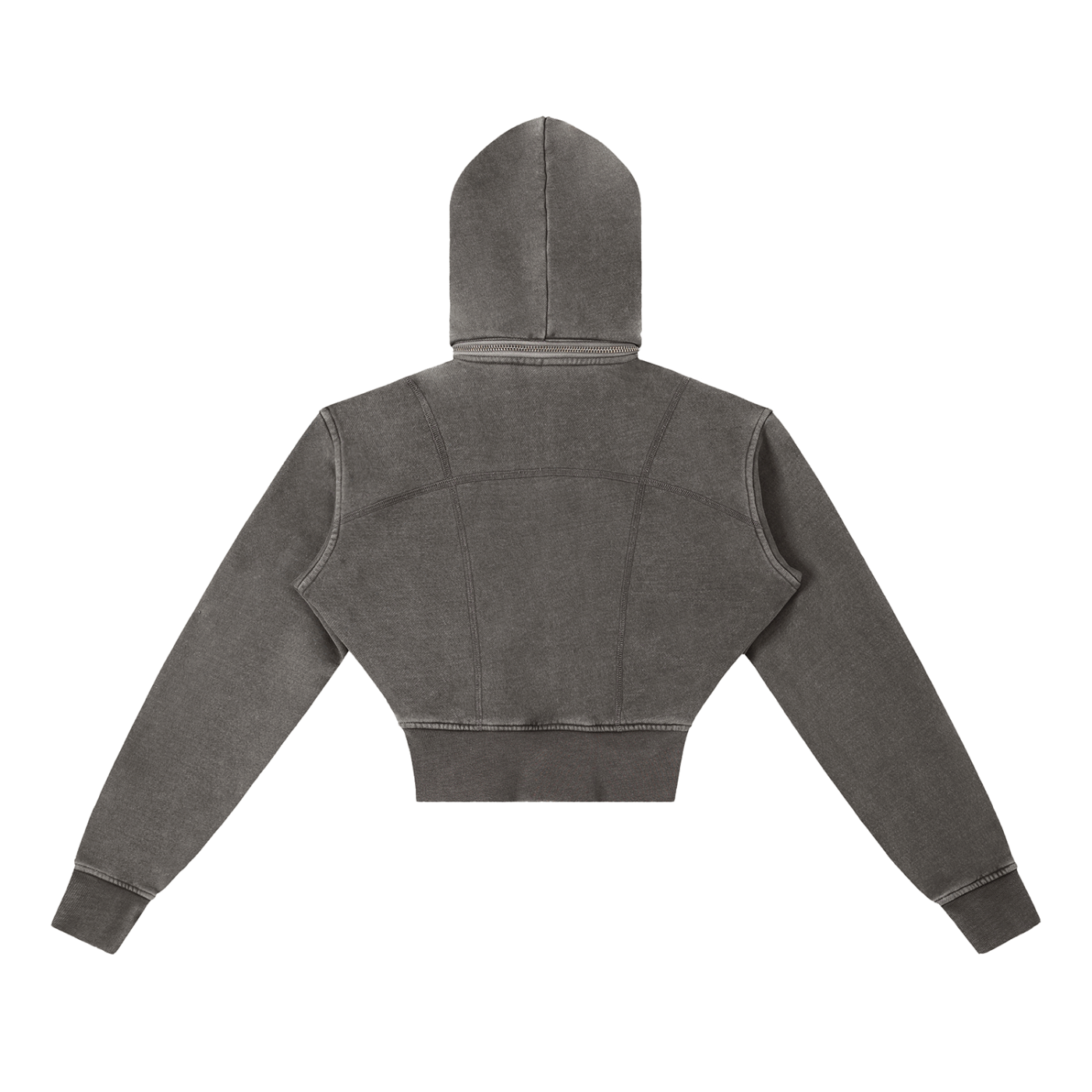 Back view of a cropped charcoal gray hooded streetwear zip hoodie with modern seam design