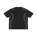 Black oversized streetwear t-shirt with white piping and mesh side panels, front view