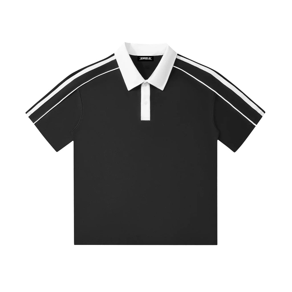 Black short sleeve polo shirt with white collar and white stripes on shoulders, streetwear style