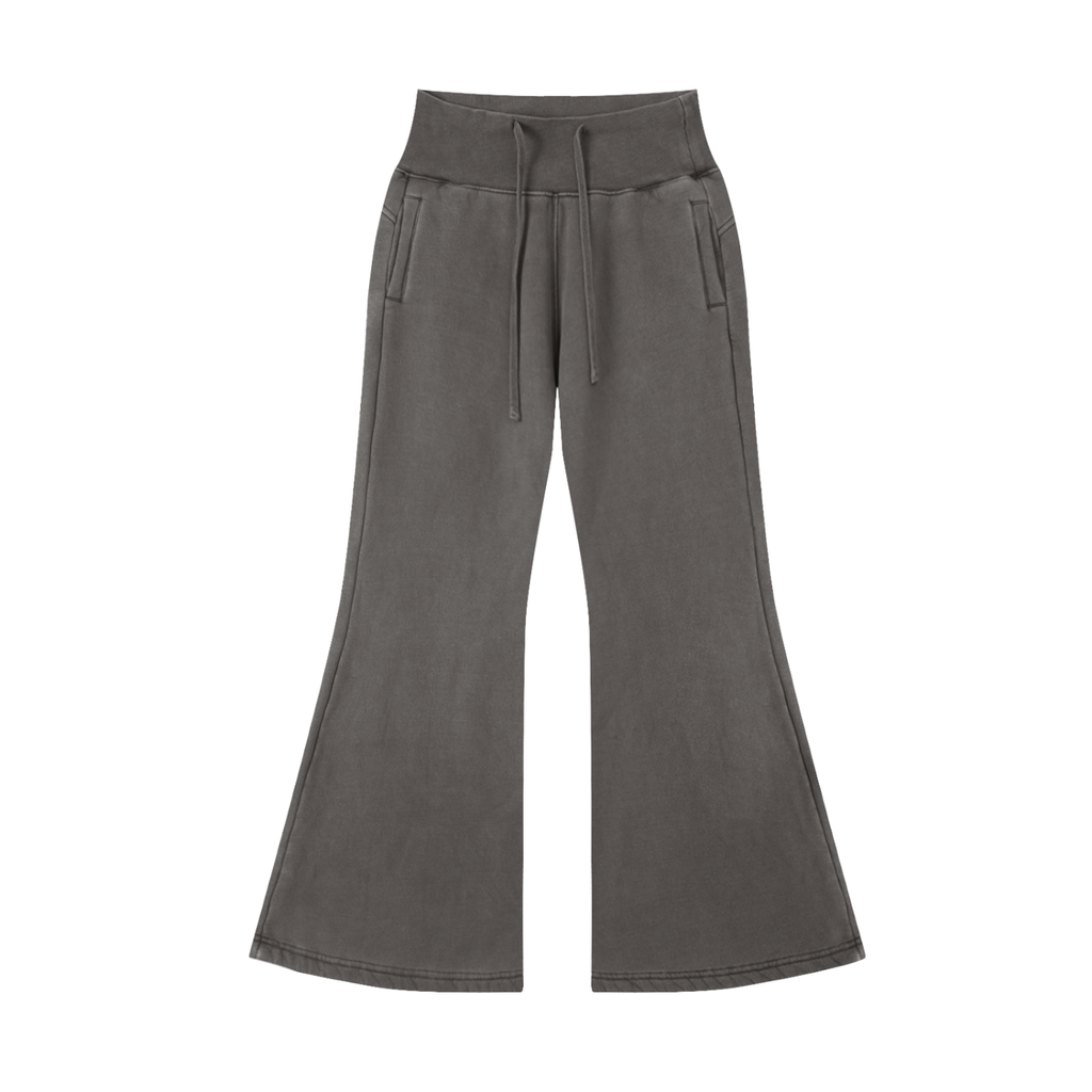 High-waisted gray flared pants with drawstring and pockets, modern streetwear style