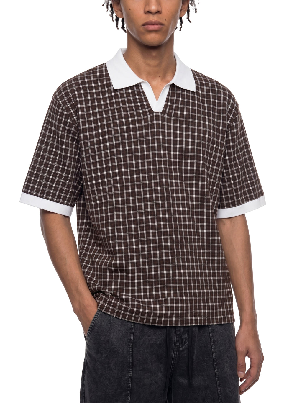 DREJ,Studio,Polo,Plaid,Check,Oversized,Streetwear,Unisex,Cotton,Brown