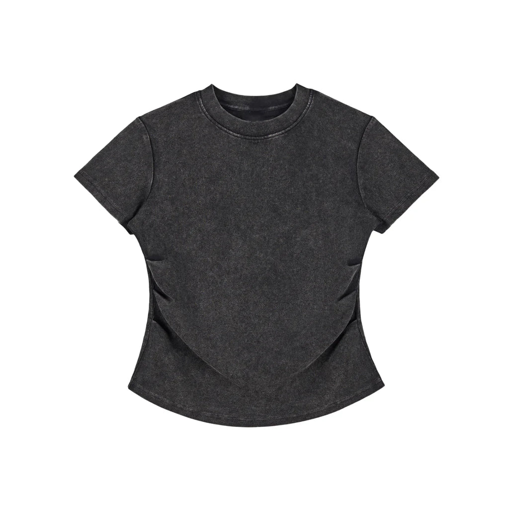 Washed black oversized streetwear t-shirt with short sleeves and curved hem, flat lay