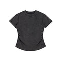 Washed black oversized streetwear t-shirt with short sleeves and curved hem, flat lay