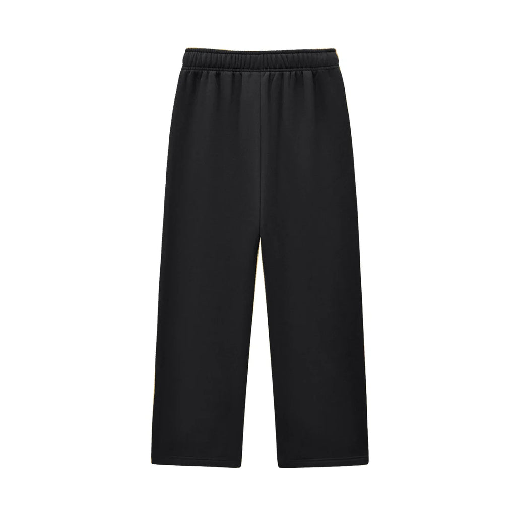 Black wide-leg streetwear pants with elastic waistband, minimalist modern style