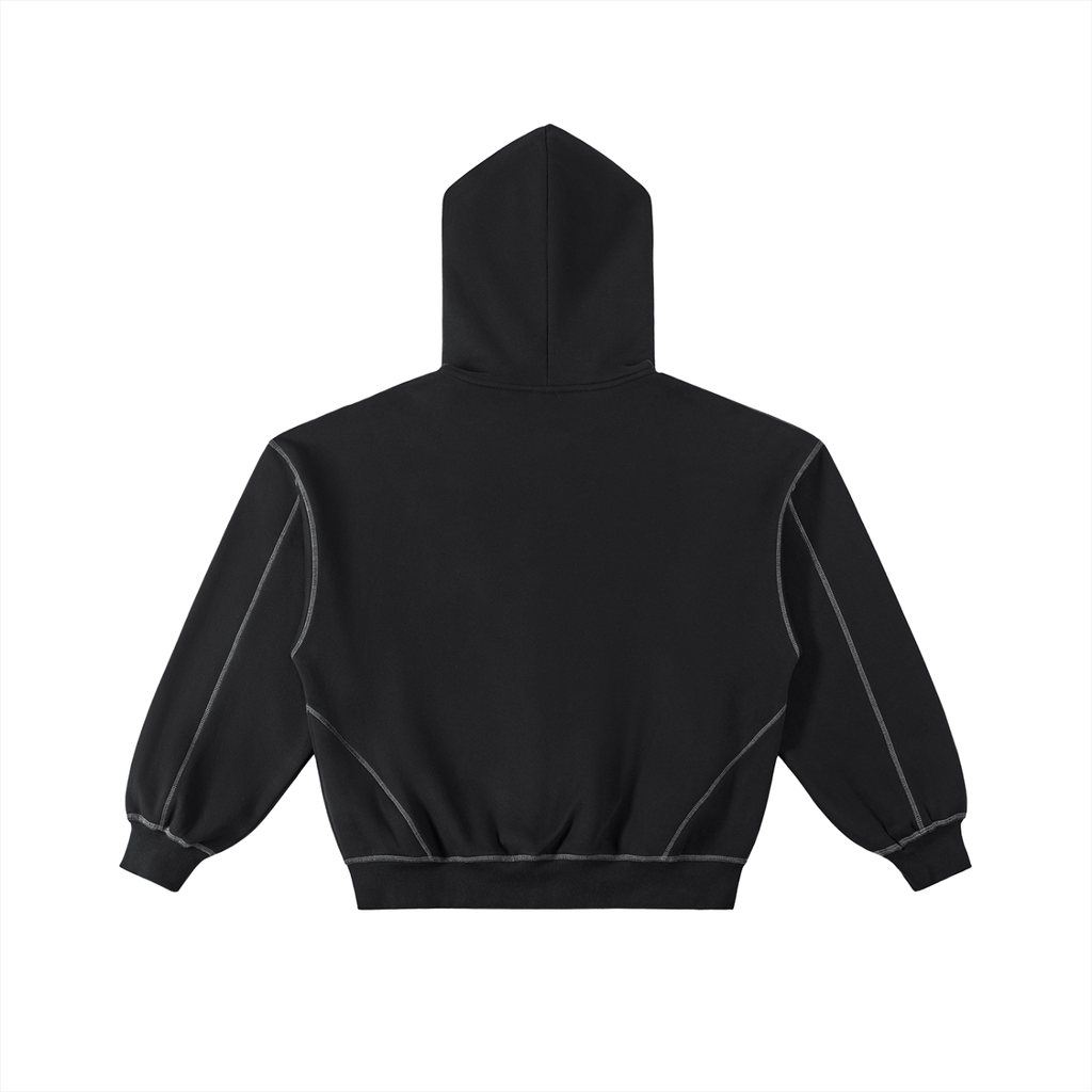 Black oversized hoodie with white contrast stitching, modern streetwear style, back view