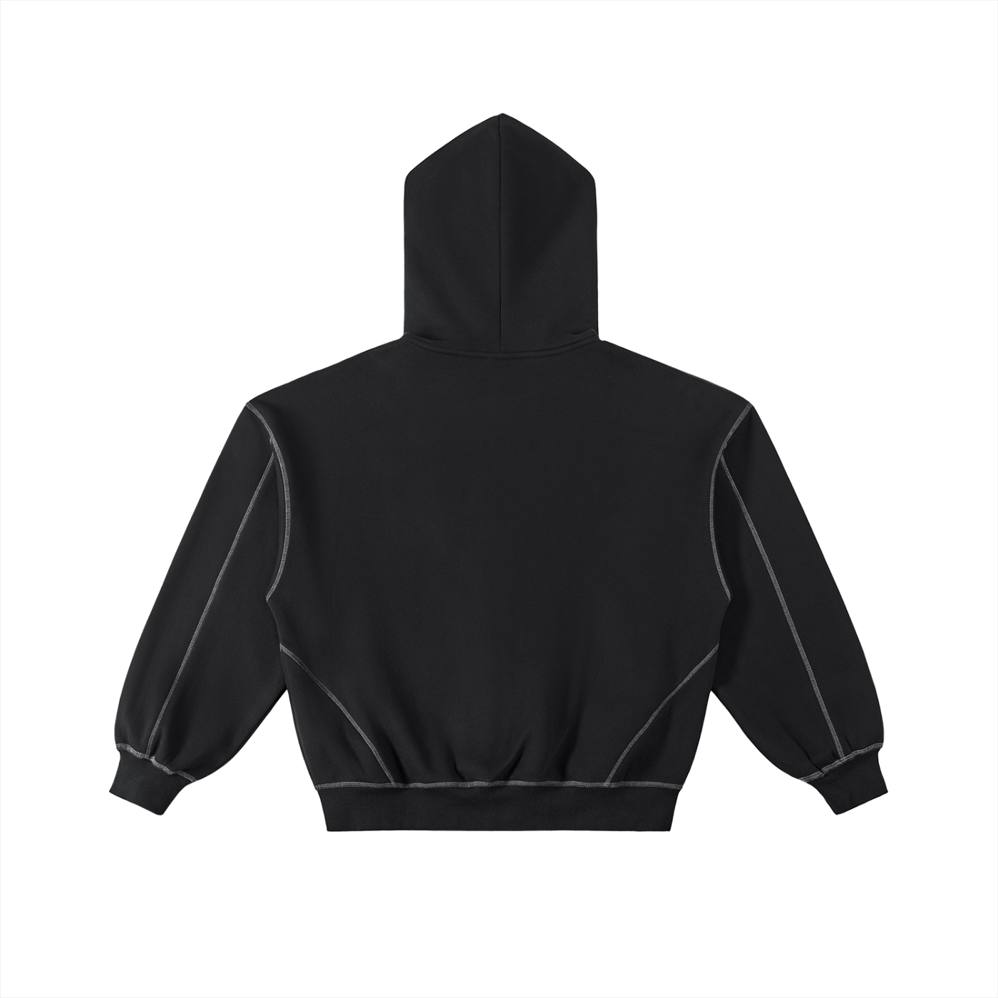 Black oversized hoodie with white contrast stitching, modern streetwear style, back view