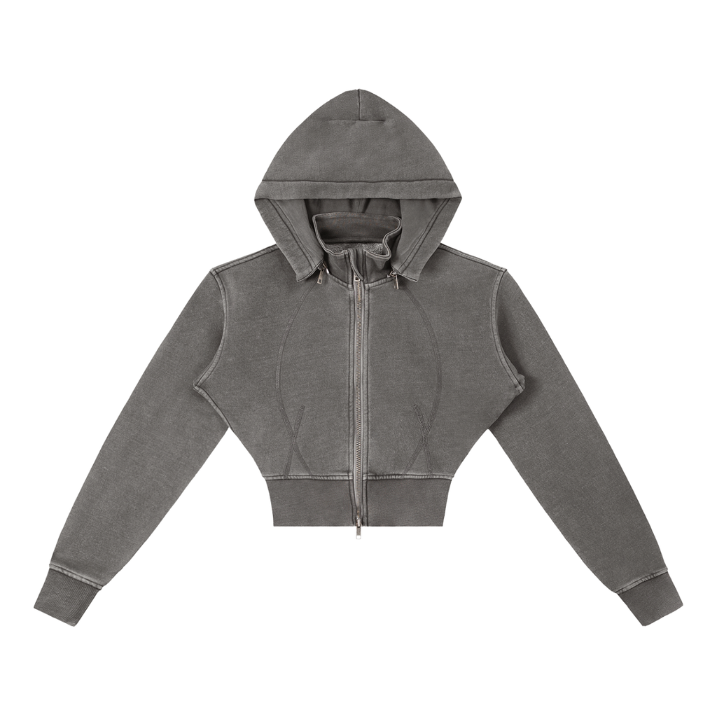 Cropped grey zip-up hoodie with long sleeves and modern streetwear style on white background
