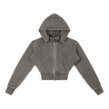 Cropped grey zip-up hoodie with long sleeves and modern streetwear style on white background