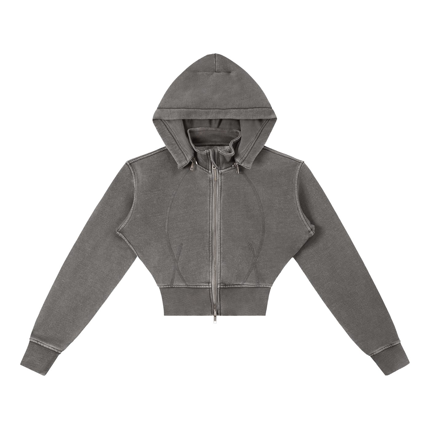 Cropped grey zip-up hoodie with long sleeves and modern streetwear style on white background