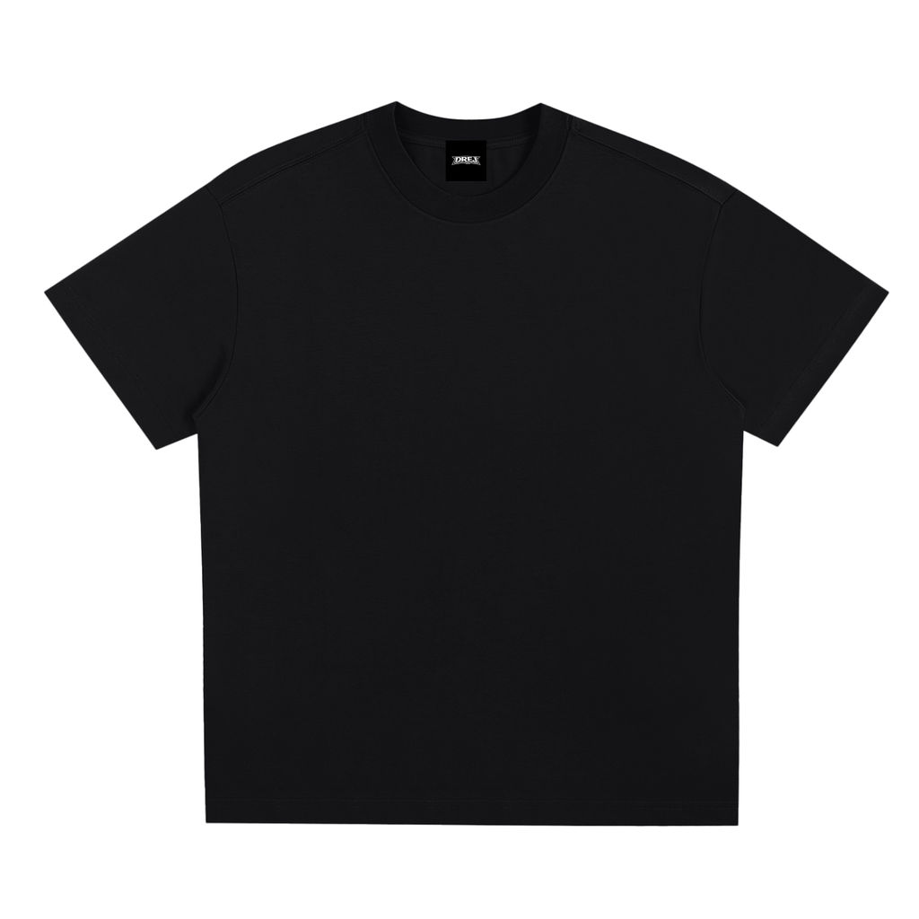 Oversized black short sleeve t-shirt with minimal design on plain white background