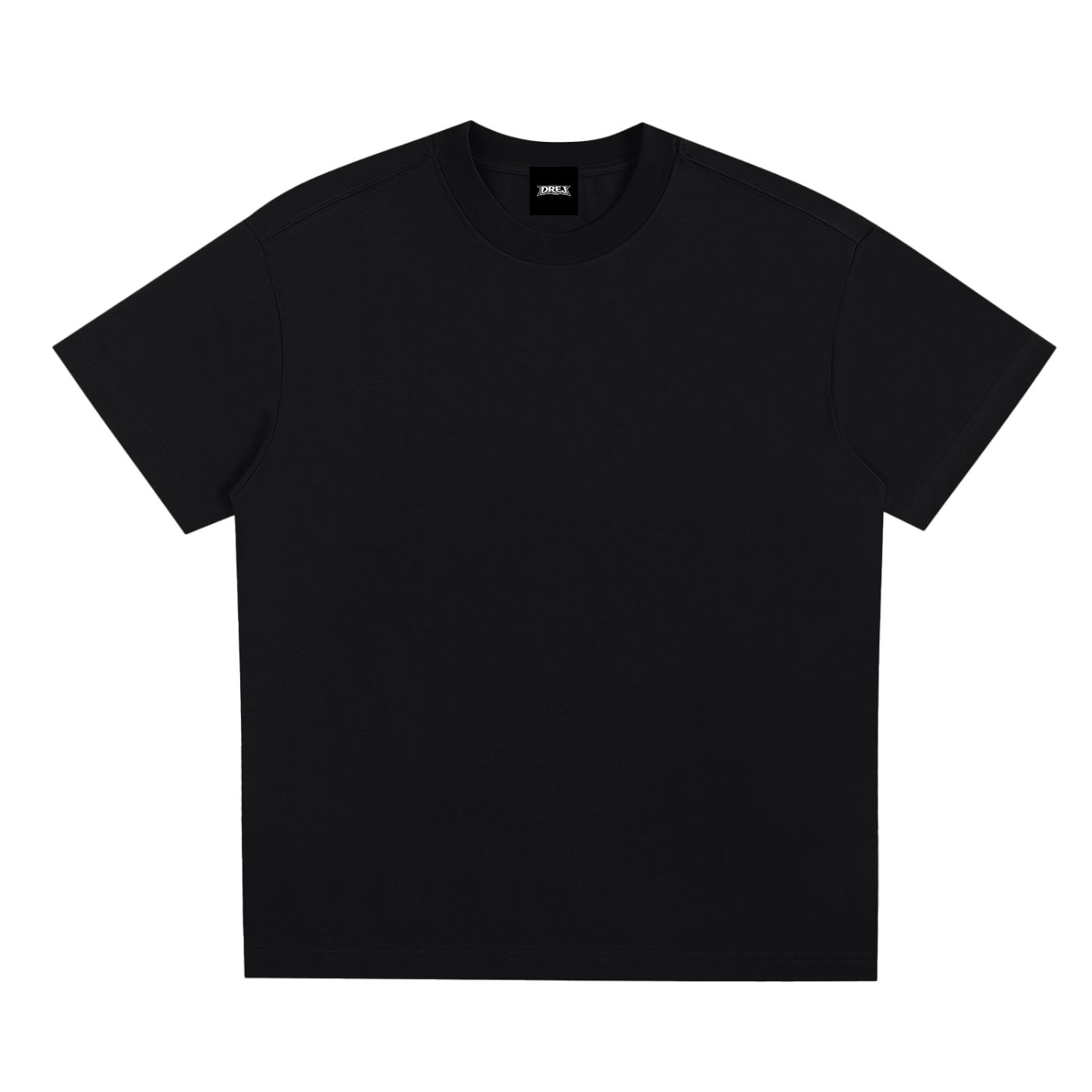 Oversized black short sleeve t-shirt with minimal design on plain white background
