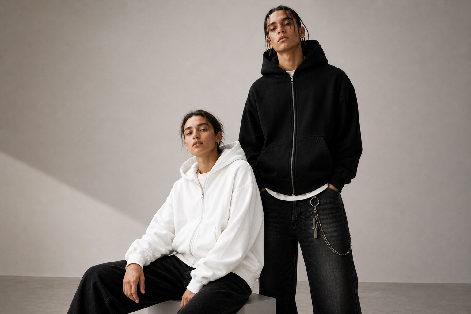 Two models in modern streetwear, one in a white zip hoodie and one in a black zip hoodie