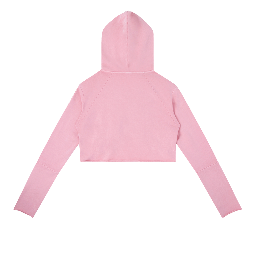 Back view of pink cropped hoodie with long sleeves and urban streetwear style