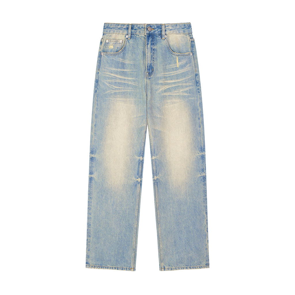 Light blue distressed wide-leg jeans with faded details, modern streetwear style.
