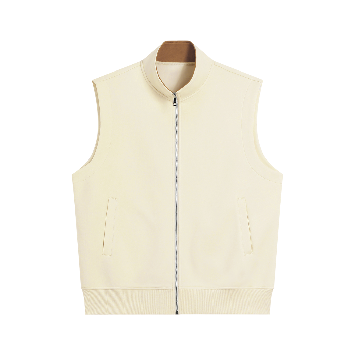 Cream zip-up sleeveless vest with front pockets and clean minimal design