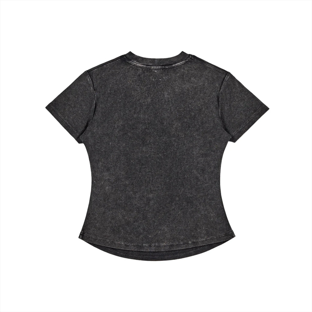 Back view of black acid wash oversized t-shirt with short sleeves and curved hem, flat lay