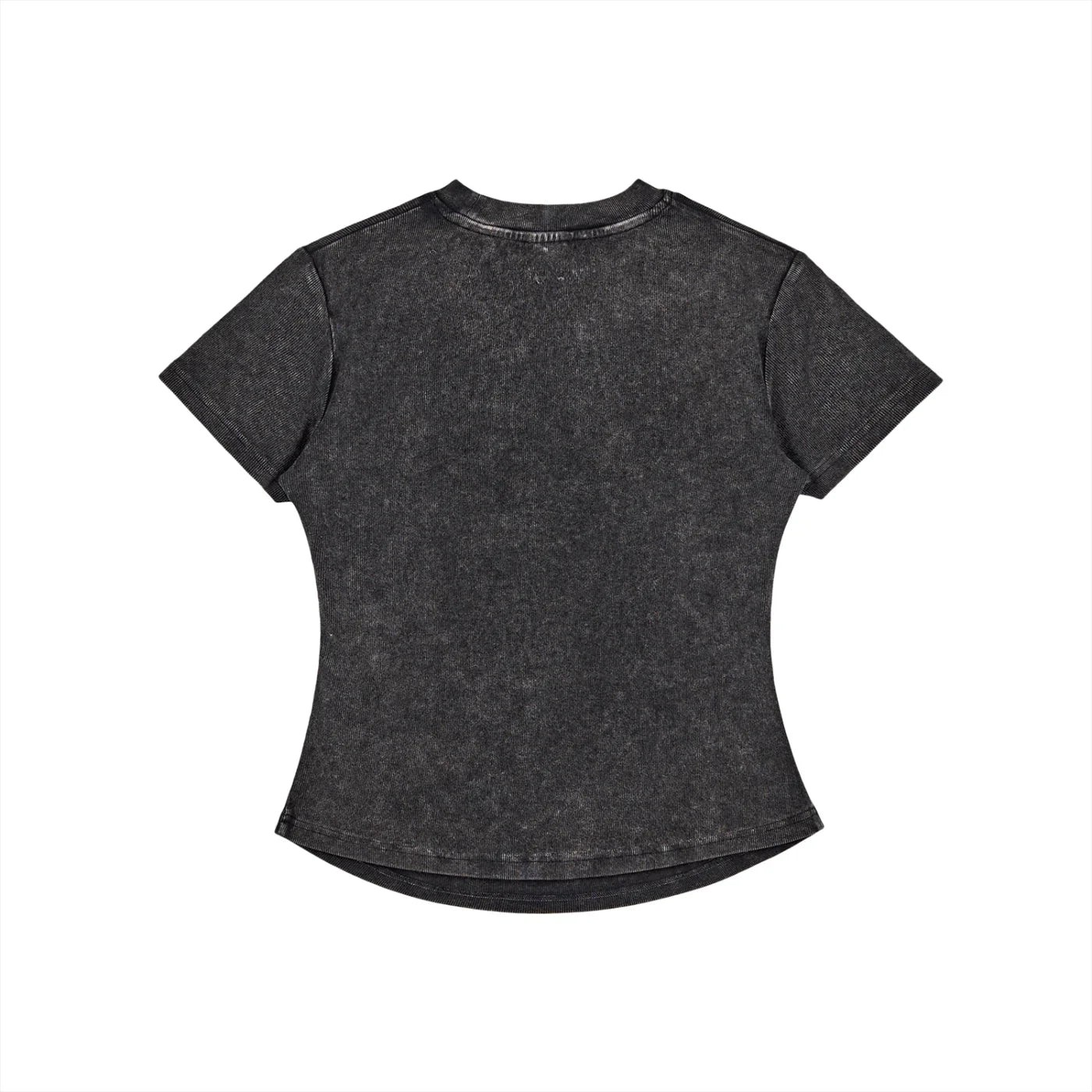 Back view of black acid wash oversized t-shirt with short sleeves and curved hem, flat lay