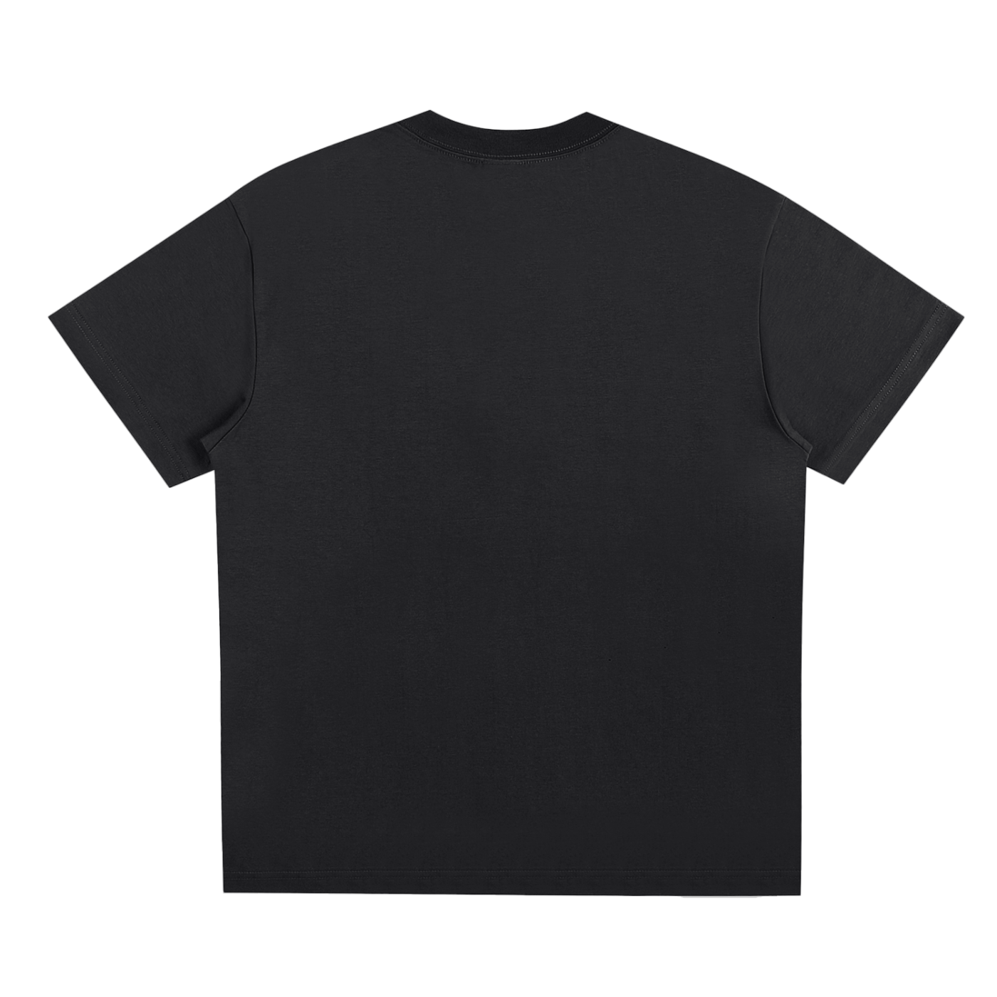Back view of an oversized black t-shirt with short sleeves, minimalist streetwear style