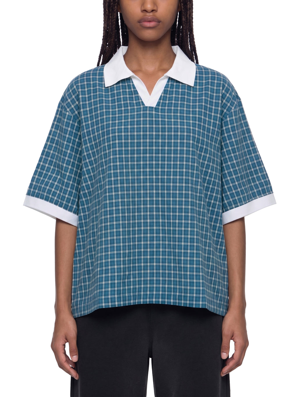 DREJ,Studio,Polo,Plaid,Check,Oversized,Streetwear,Minimal,Unisex,Cotton,Blue