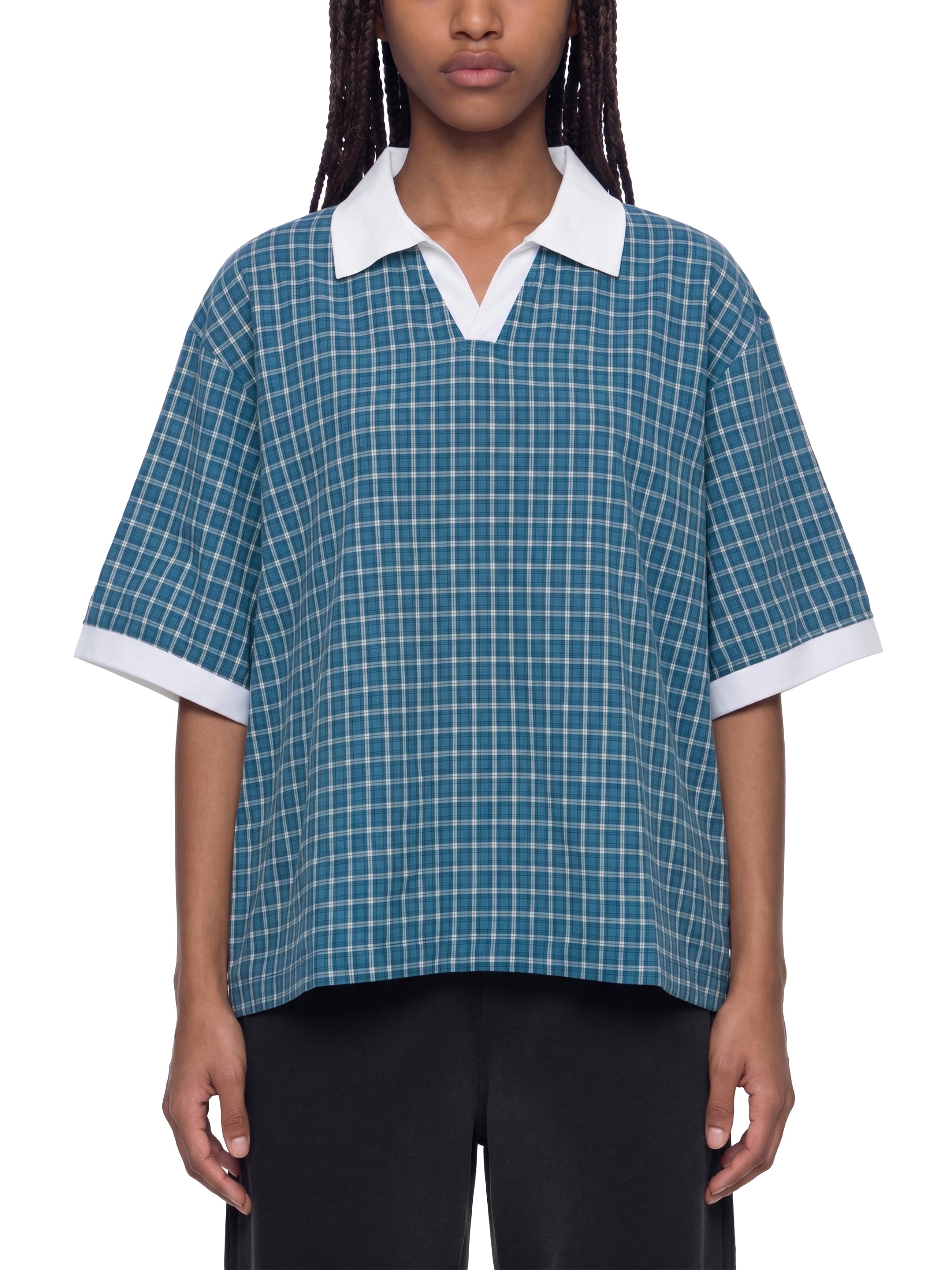 DREJ,Studio,Polo,Plaid,Check,Oversized,Streetwear,Minimal,Unisex,Cotton,Blue