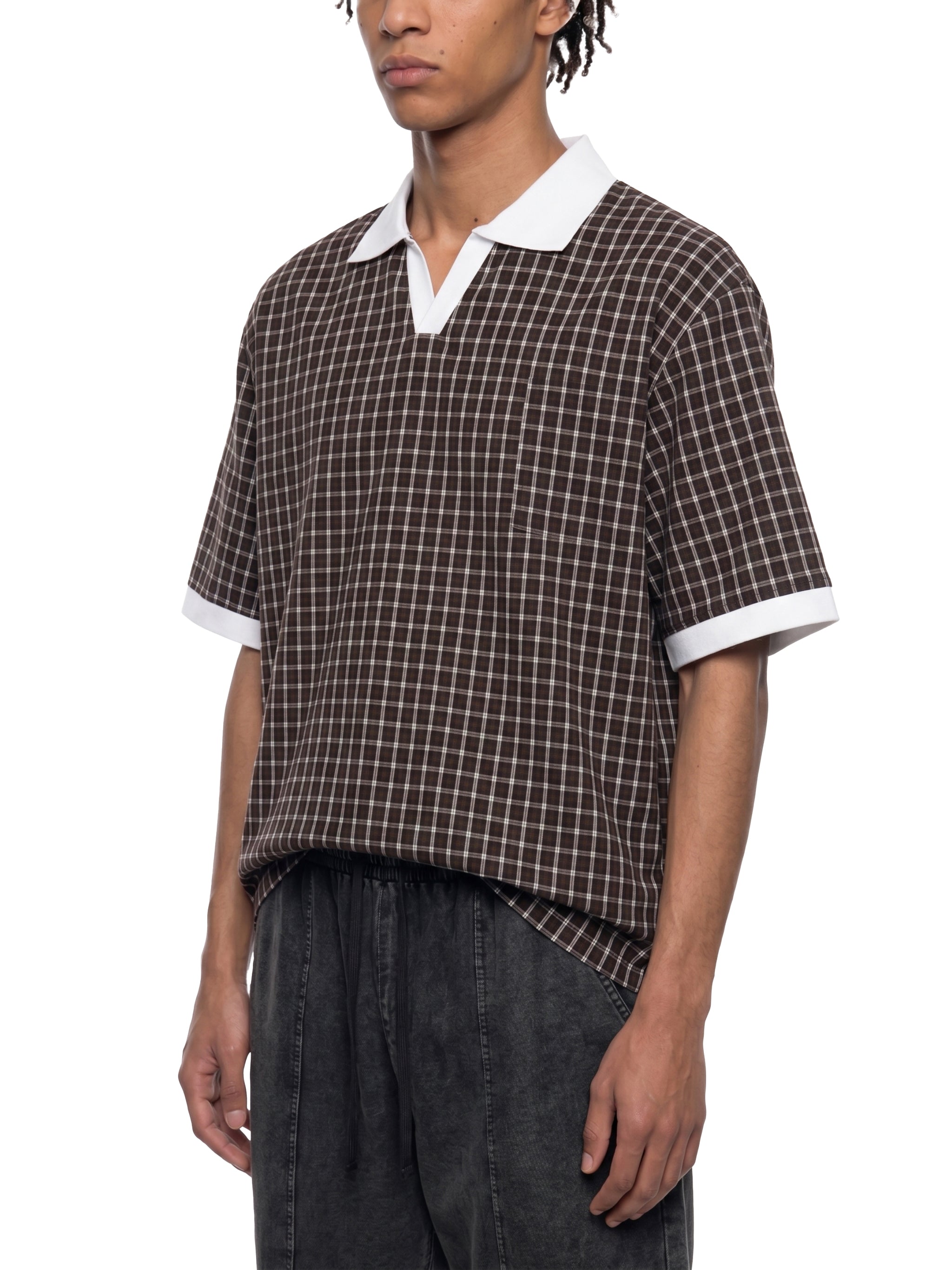 DREJ,Studio,Polo,Plaid,Check,Oversized,Streetwear,Unisex,Cotton,Brown