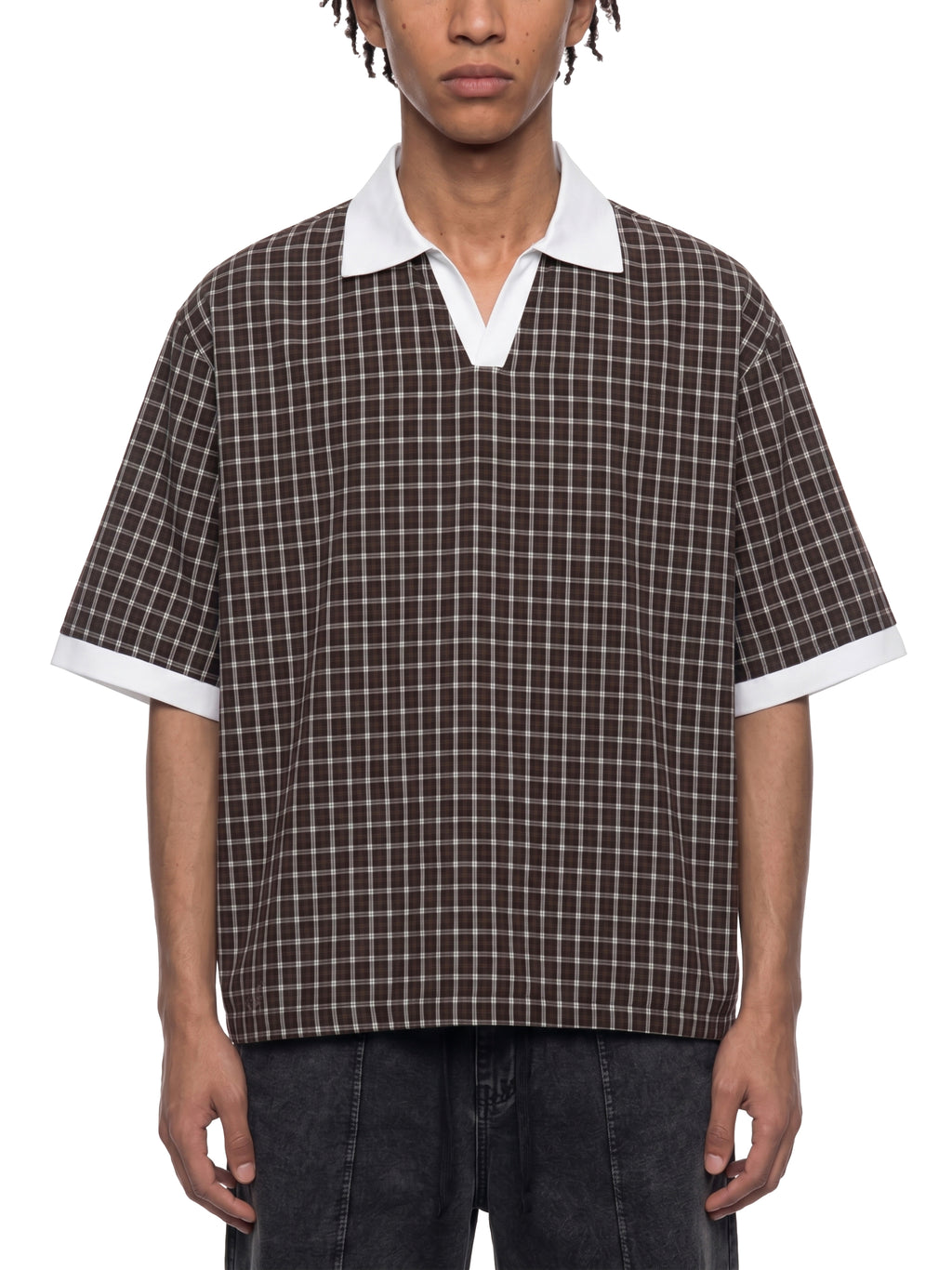 DREJ,Studio,Polo,Plaid,Check,Oversized,Streetwear,Unisex,Cotton,Brown