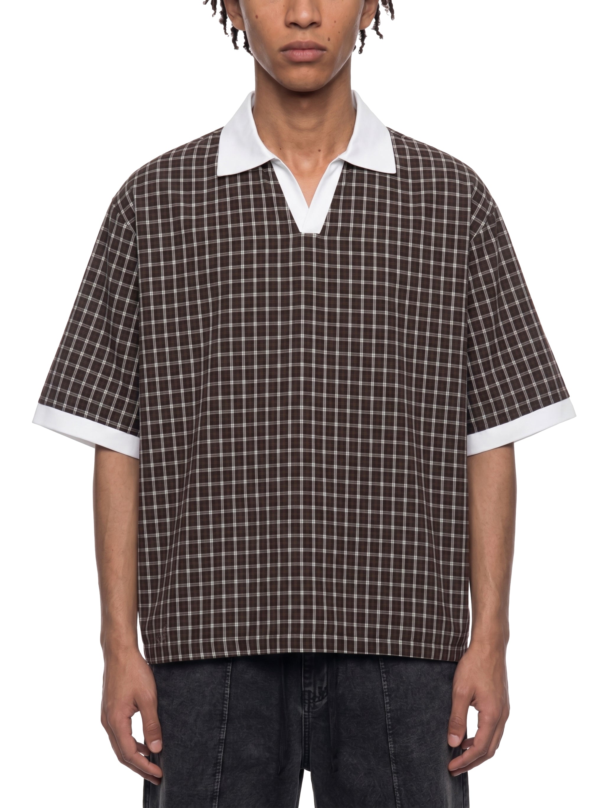 DREJ,Studio,Polo,Plaid,Check,Oversized,Streetwear,Unisex,Cotton,Brown