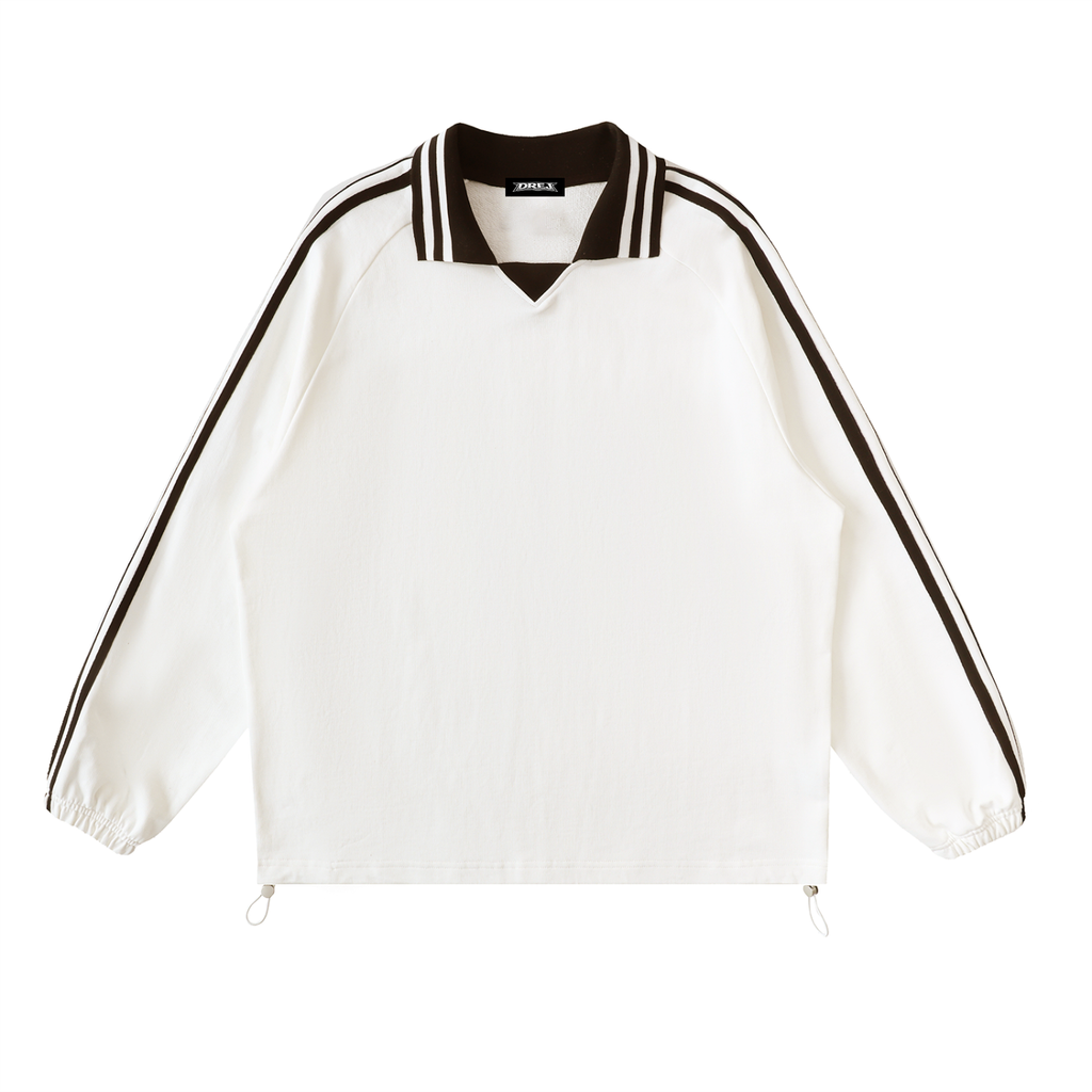 Oversized white streetwear pullover with black striped collar and sleeve accents