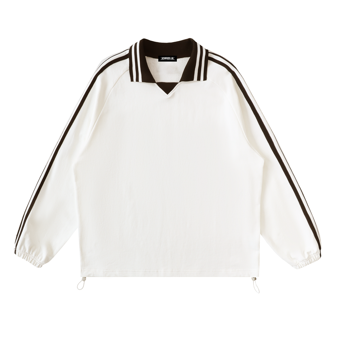 Oversized white streetwear pullover with black striped collar and sleeve accents