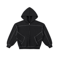 Black oversized zip hoodie with white stitch details and front pockets on white background