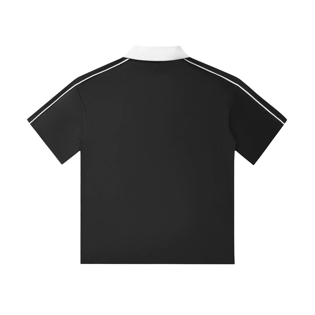 Black short sleeve oversized t-shirt with white collar and shoulder stripe detail, back view