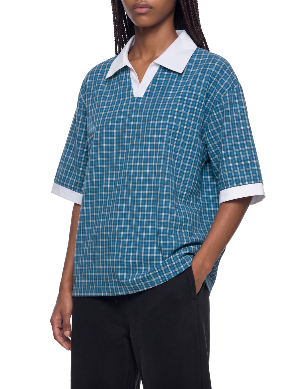 DREJ,Studio,Polo,Plaid,Check,Oversized,Streetwear,Minimal,Unisex,Cotton,Blue