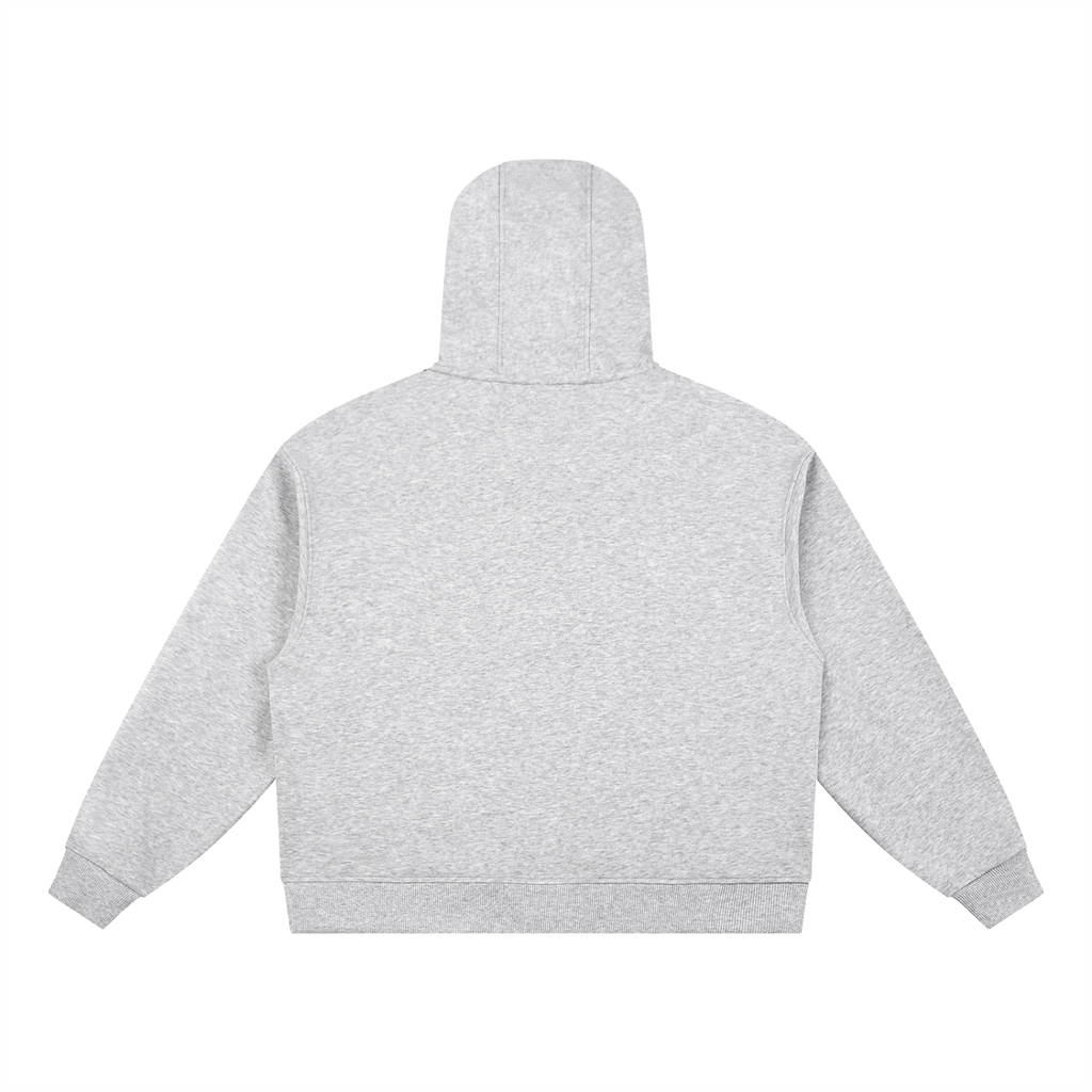 Back view of a light grey oversized hoodie with clean design and ribbed cuffs.