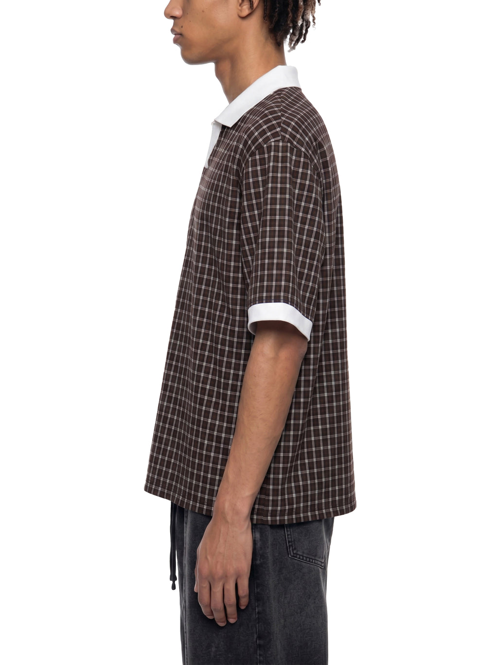 DREJ,Studio,Polo,Plaid,Check,Oversized,Streetwear,Unisex,Cotton,Brown