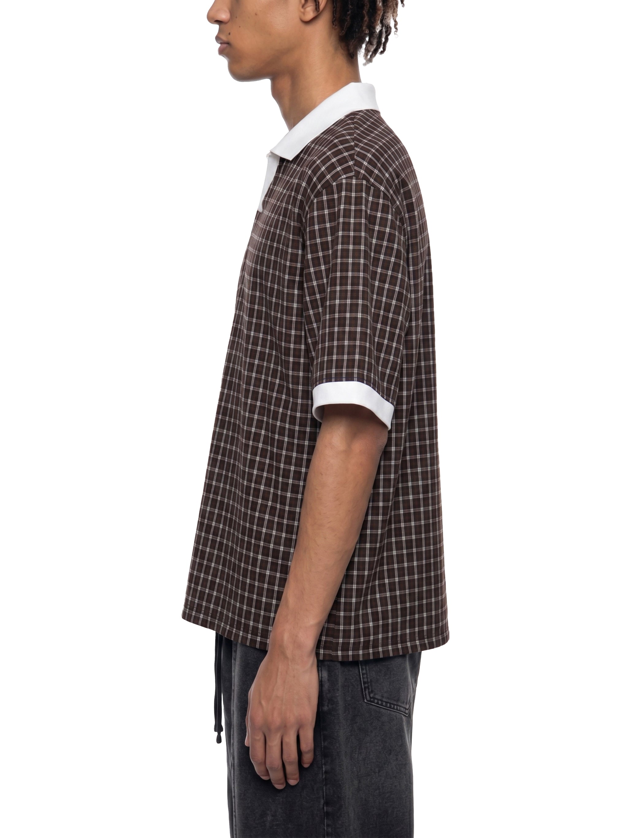 DREJ,Studio,Polo,Plaid,Check,Oversized,Streetwear,Unisex,Cotton,Brown