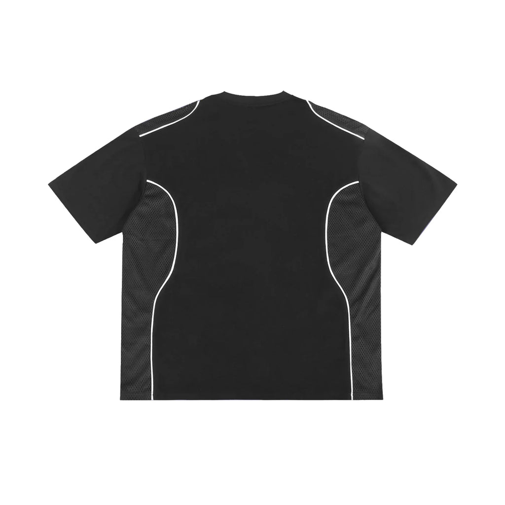 Back view of black oversized streetwear t-shirt with mesh side panels and white piping