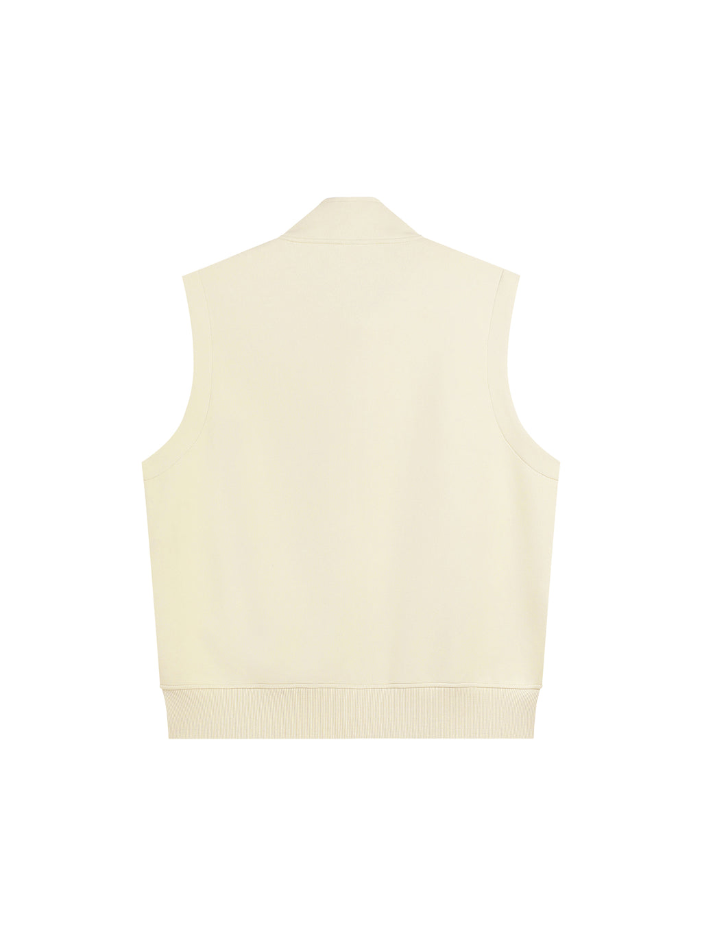 Back view of a sleeveless oversized cream zip vest with ribbed hem on white background