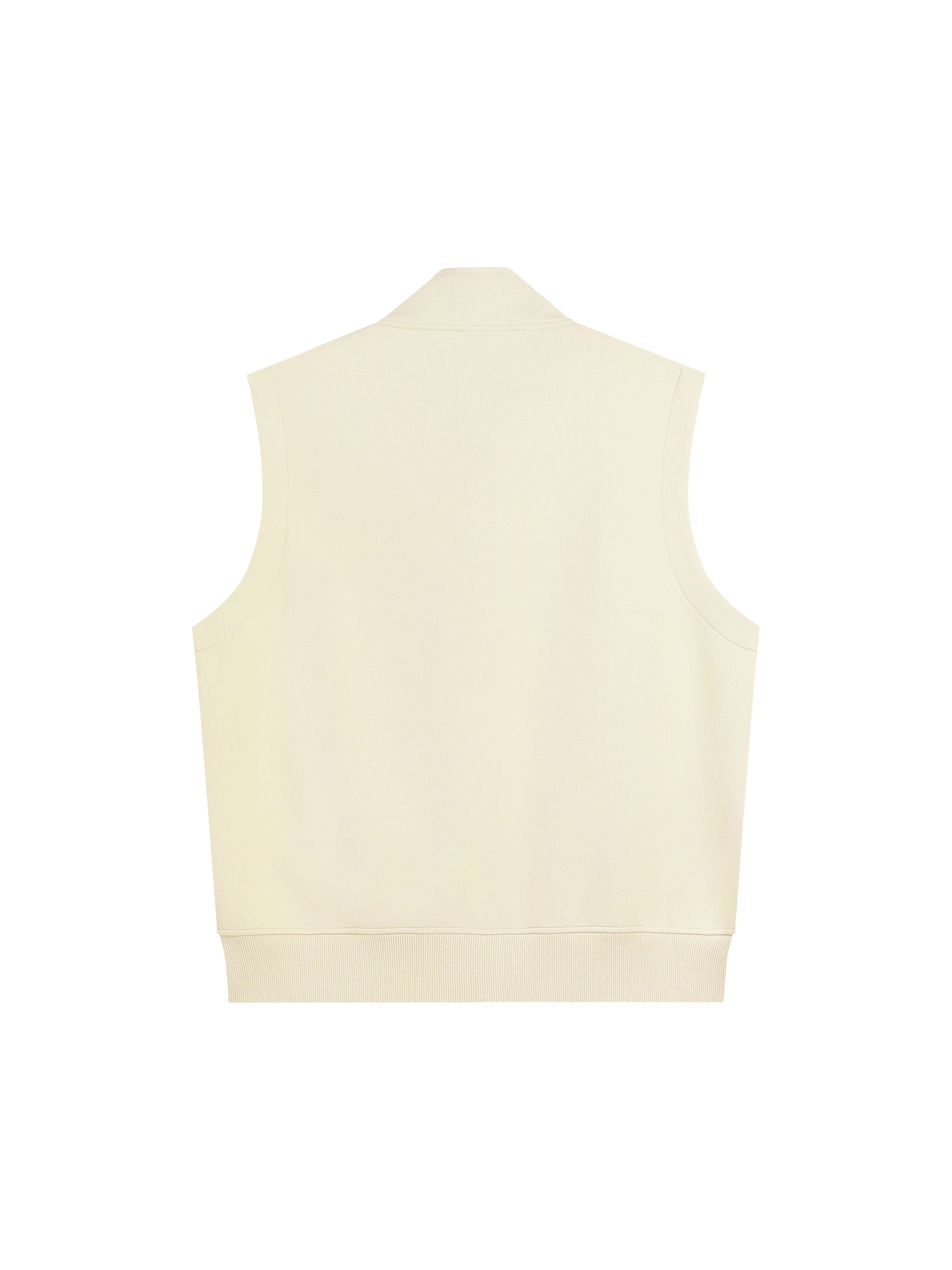 Back view of a sleeveless oversized cream zip vest with ribbed hem on white background