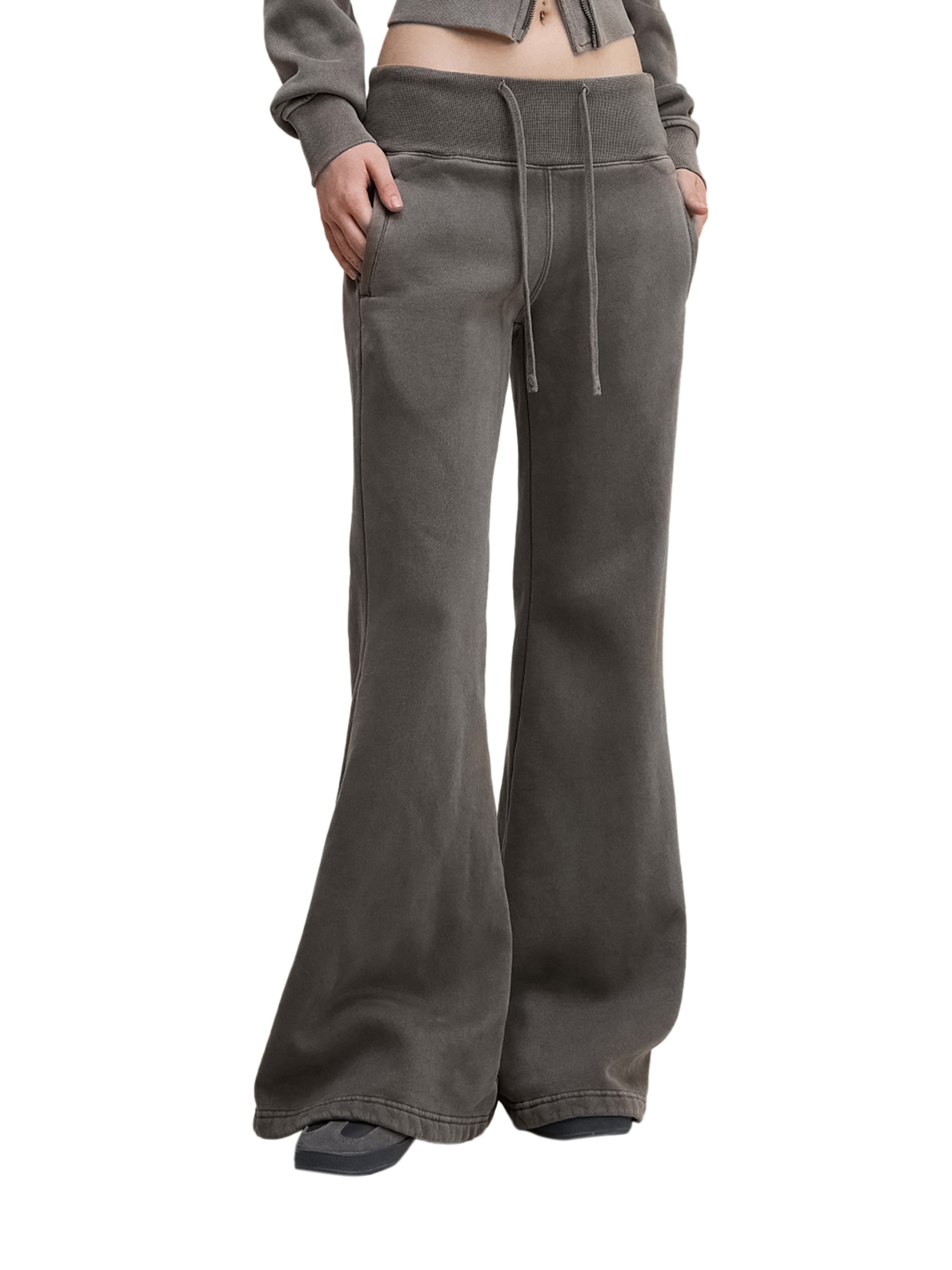Wide-leg charcoal gray sweatpants with drawstring waist and pockets, modern streetwear style